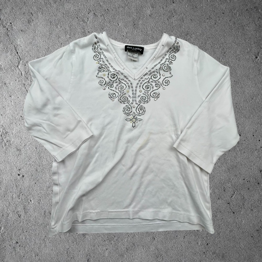 Get Lucky Vintage Y2K White Rhinestone Embellished V-Neck Long Sleeve Top Small‎
